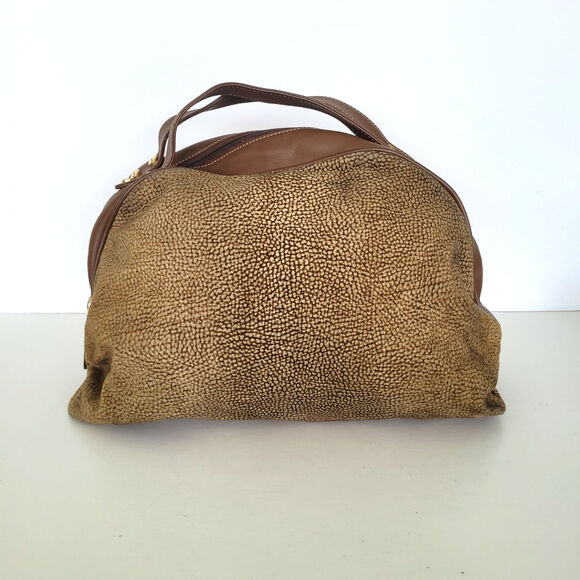 Borbonese Redwall Quail Pattern Suede Leather Dome Handbag Bag Boho Brown Large - Picture 1 of 9